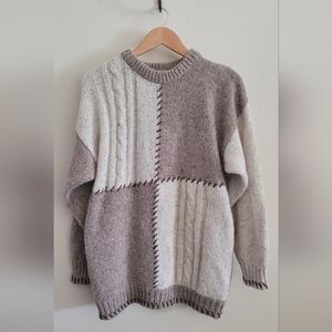 Vtg Hasting & Smith Wool Blend Chunky Patchwork Sweater, Women's L, Oatmeal
